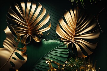 Wall Mural -  a green and gold tropical background with leaves and plants on a dark background with a green palm leaf and a gold leaf. Generative AI