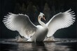  a swan flaps its wings while swimming in the water at night time. Generative AI