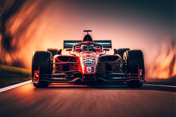  a red race car driving down a road at sunset or dawn with a blurry background of clouds and grass. Generative AI