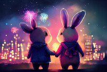 Rabbits Couple Holding Hands And Watching Fireworks Over The City, 2023 Chinese New Year Of The Rabbit, Watercolor, Created With Generative AI Technology