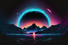 Abstract, Nighttime Landscape With A Futuristic Twist. Horizon With A Darkening Cloud Cover Abstract Neon Lights In The Modern, Futuristic Style. Lighting Up The Night, Neon-style. Generative AI