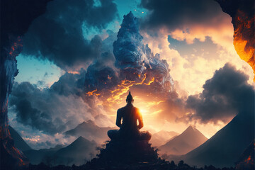 Meditating Buddha sitting backwards, beautiful landscape with mountains and clouds in the background Generative AI