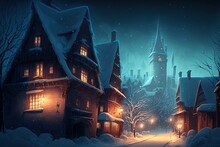 A Banner Depicting A Wintery Town At Night, Complete With Snow And Ice. This Digital Artwork Was Created With A Wacom Tablet. Generative AI