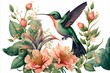  a hummingbird sitting on a branch of a flowery plant with pink flowers and green leaves around it. Generative AI