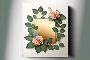 Poster -  a card with a gold foil and flowers on it. Generative AI