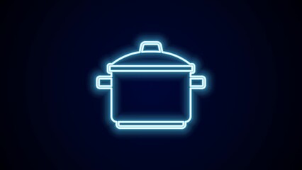 Poster - Glowing neon line Cooking pot icon isolated on black background. Boil or stew food symbol. 4K Video motion graphic animation