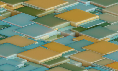 Wall Mural - Abstract digital wallpaper design of  yellow blue green cubes on a plane with intersecting geometry. Subsurface scattering . 3d render. Three dimensional. Beautiful office illustration of mosaic tiles