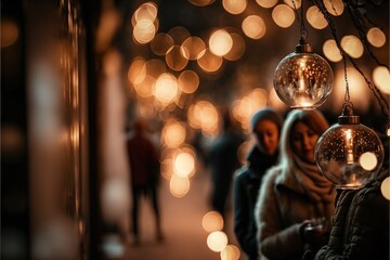 Sticker -  a couple of people standing next to each other near a street light with lights on it and a woman looking at her phone. Generative AI