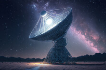 Radio Telescop For Cosmic Research And Starry Night On Background. Postproducted Generative AI Digital Illustration.