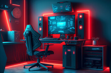 Wall Mural -  Gaming room with hardware and equipment colored in red and blue light. Postproducted generative AI digital illustration.