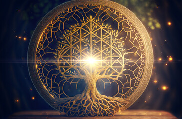 Sacred tree of life symbol as decoration crafted from wood. Postproducted generative AI digital illustration.