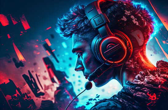 Wall Mural -  - Scene of professional eSports gamer in profile colored with red and blue light. Non-existent person in generative AI digital illustration.