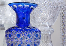 Blue Crystal Vase Details With Classic Cut Close-up.