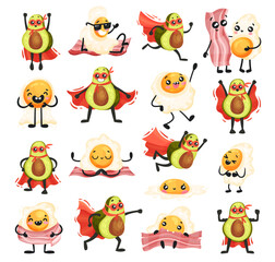 Poster - Egg, Bacon and Avocado in Superhero Cloak with Smiling Faces Big Vector Set