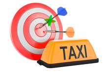 Taxi Car Signboard And Target With Arrows, 3D Rendering