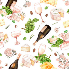 Watercolor seamless pattern wine, cheese, grape and flowers. Hand draw background with food objects. Concept for fabric print, label, banner, menu, flyer,textile, fabric or background.