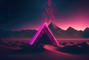 Wall Mural - Lovely, simple, fantastical landscape. A glowing pink neon triangle in the midst of the mountains, set against the ever-changing starry sky of night. Generative AI