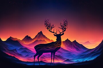 Wall Mural - Mountains in the abstract, at night. Lovely neon setting with a silhouette of a deer and some flickering abstract lighting. View of nature at night. Generative AI