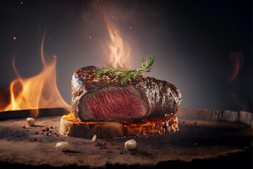 Wall Mural - Yummy beef grill steak on a table in a dark black background with fire and smoke, food photograph, food styling