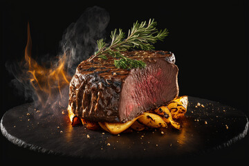 Wall Mural - Yummy beef grill steak on a table in a dark black background with fire and smoke, food photograph, food styling