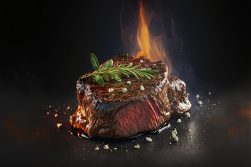 Wall Mural - Yummy beef grill steak on a table in a dark black background with fire and smoke, food photograph, food styling