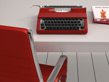 Digital Illustration Of Desk With Red Chair, Red Typewriter And Books