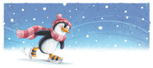 Illustration Of Penguin Ice Skating While Snowing