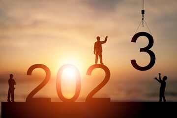 Poster - Greeting new year card with numbers and workers on construction