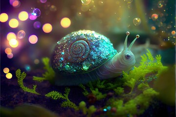 Wall Mural - Snail on a green leaf. Generative AI