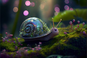 Wall Mural - Snail on a green leaf. Generative AI