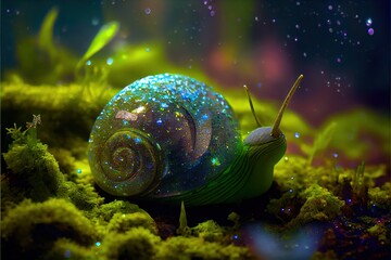 Wall Mural - Snail on a green leaf. Generative AI