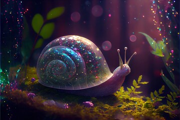 Wall Mural - Snail on a green leaf. Generative AI