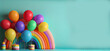 Birthday or anniversary party in motion with full of colorful balloons with rainbow colors , use it as a background or greeting or setup party room.  Generative ai 