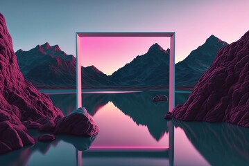 Wall Mural - Minimalist decor wallpaper with style. Amazing scene set against a bright neon rectangle geometric frame with rocky mountains, a pink blue nighttime sky, and a geometric shape. Generative AI