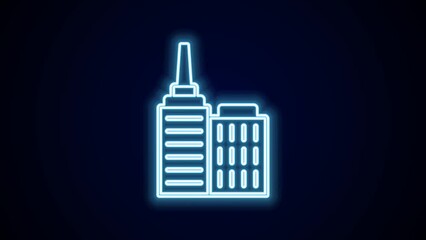 Poster - Glowing neon line City landscape icon isolated on black background. Metropolis architecture panoramic landscape. 4K Video motion graphic animation