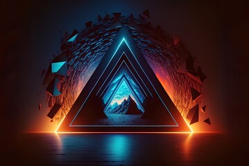 Wall Mural - Nighttime road amid towering walls of neon beneath a starry sky; bright triangular doorway into cyberspace; abstract neon backdrop Generative AI