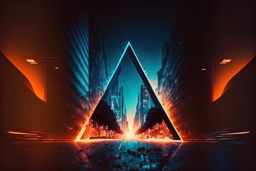 Wall Mural - neon triangle doorway at the end of the street shining on a black backdrop, cyberspace virtual reality Amazing metropolis with a few remaining buildings Generative AI