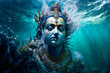  Lord Krishna Underwater.  Happy Janmashtami holiday Indian festival greeting background.  Image created with Generative AI technology.