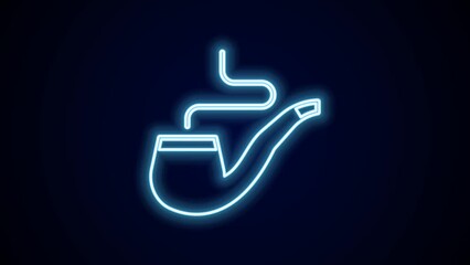 Wall Mural - Glowing neon line Smoking pipe with smoke icon isolated on black background. Tobacco pipe. 4K Video motion graphic animation