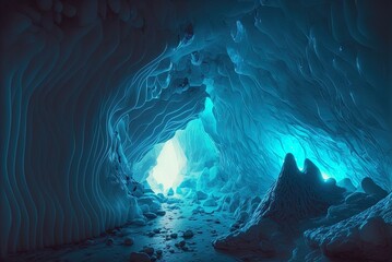 Wall Mural - Fantasy caverns of icy abstraction deep down. Light emanating from a frozen cavern. Cryotherapy, a breath of fresh air, and icy temperatures. Generative AI