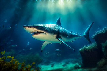 Wall Mural - Great White Shark Underwater.  Image created with Generative AI technology.