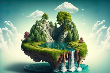 Wall Mural - Surreal float landscape with waterfall paradise idea on blue sky cloud floating island with river stream on green grass with tree. Generative AI