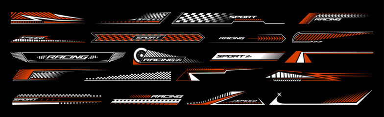 Sport car decal stripes. Car tuning stickers, speed racing stripes. Red markings for transport. Isolated on black background