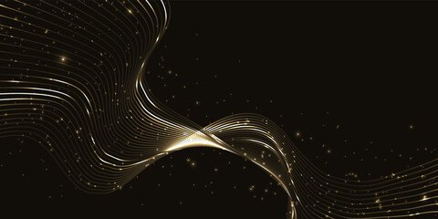 Shiny golden wave with magic stardust on black background. Luxury abstract design template with copy space. Illuminated swirl gold lines with glittering flying particles.