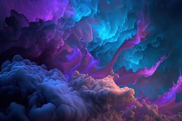 Wall Mural - Clouds with a vivid blue and purple color scheme are abstracted here. Fractal backdrop with vibrant colors. Aesthetic expression realized in a digital medium. Generative AI