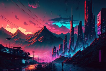 Wall Mural - Colorful fantastical metropolitan cyberpunk cityscape with mountains at night Generative AI