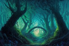 Illustration Painting Of A Magical Woodland In Shades Of Blue And Green Generative AI