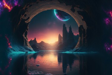 Wall Mural - Planetary scenes from science fiction, neon lighting, icy worlds. Metaverse. Unidentified planetary system in a distant galaxy. Access to another galaxy via a neon tunnel. Generative AI