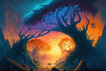 Sticker - Picture of a surreal forest painted at sunset Generative AI