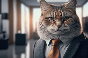 Wall Mural - portrait of a cat in a suit in an office, ai generated